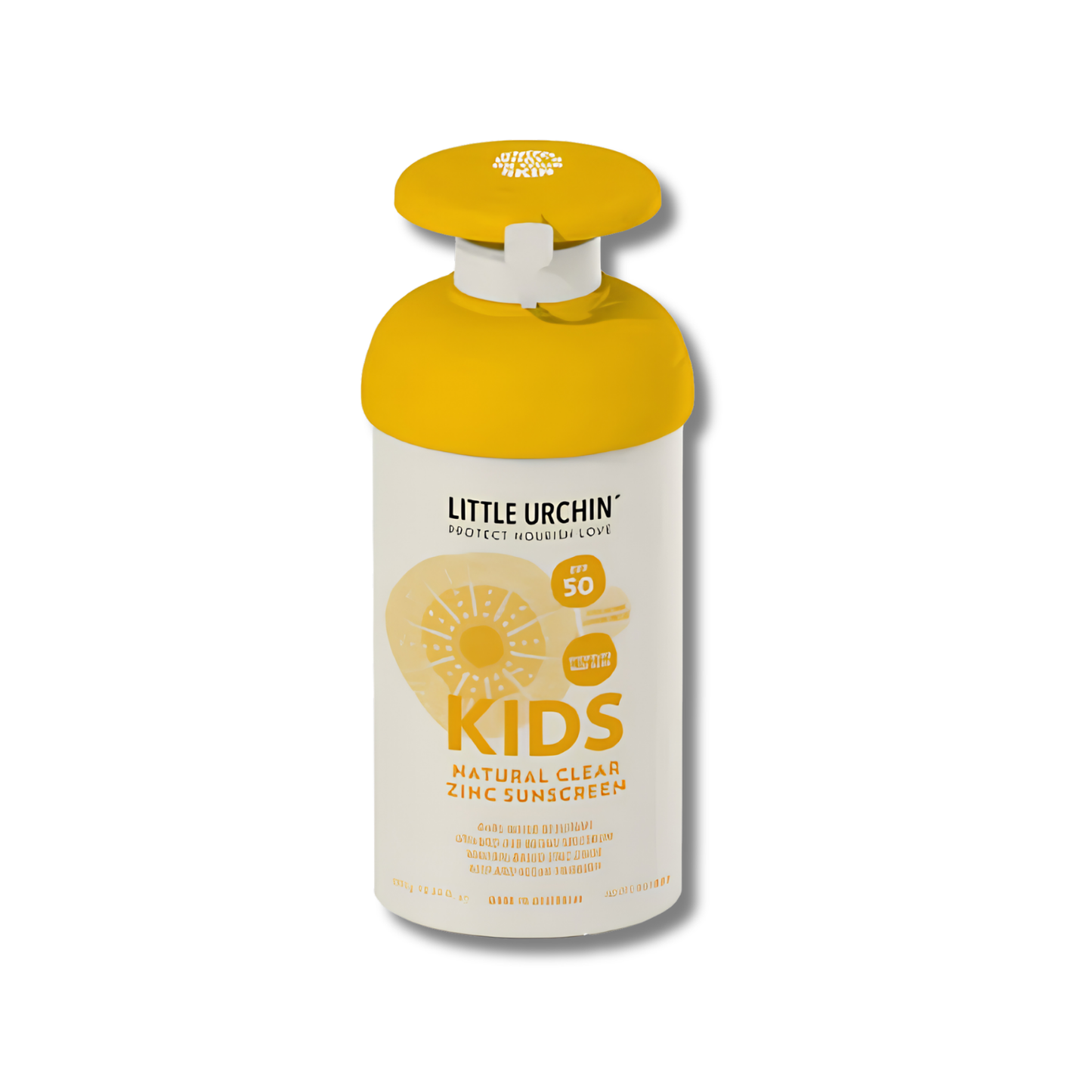A bottle of Little Urchin Kids Natural Clear Zinc Sunscreen with a bright yellow cap and a white label featuring yellow text and graphics.