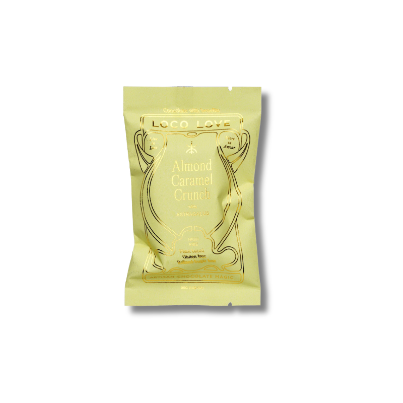 A single stand-up pouch of Loco Love Almond Caramel Crunch chocolate, shown on a plain white background with a soft drop shadow.