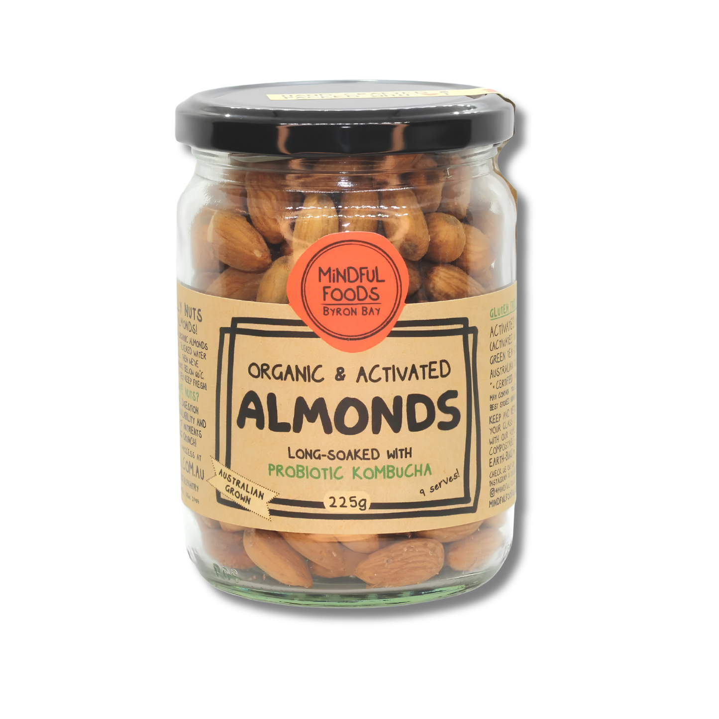 A glass jar of Mindful Foods Organic & Activated Almonds, long-soked with probiotic kombucha, featuring a black lid and a beige label with a red circular logo.