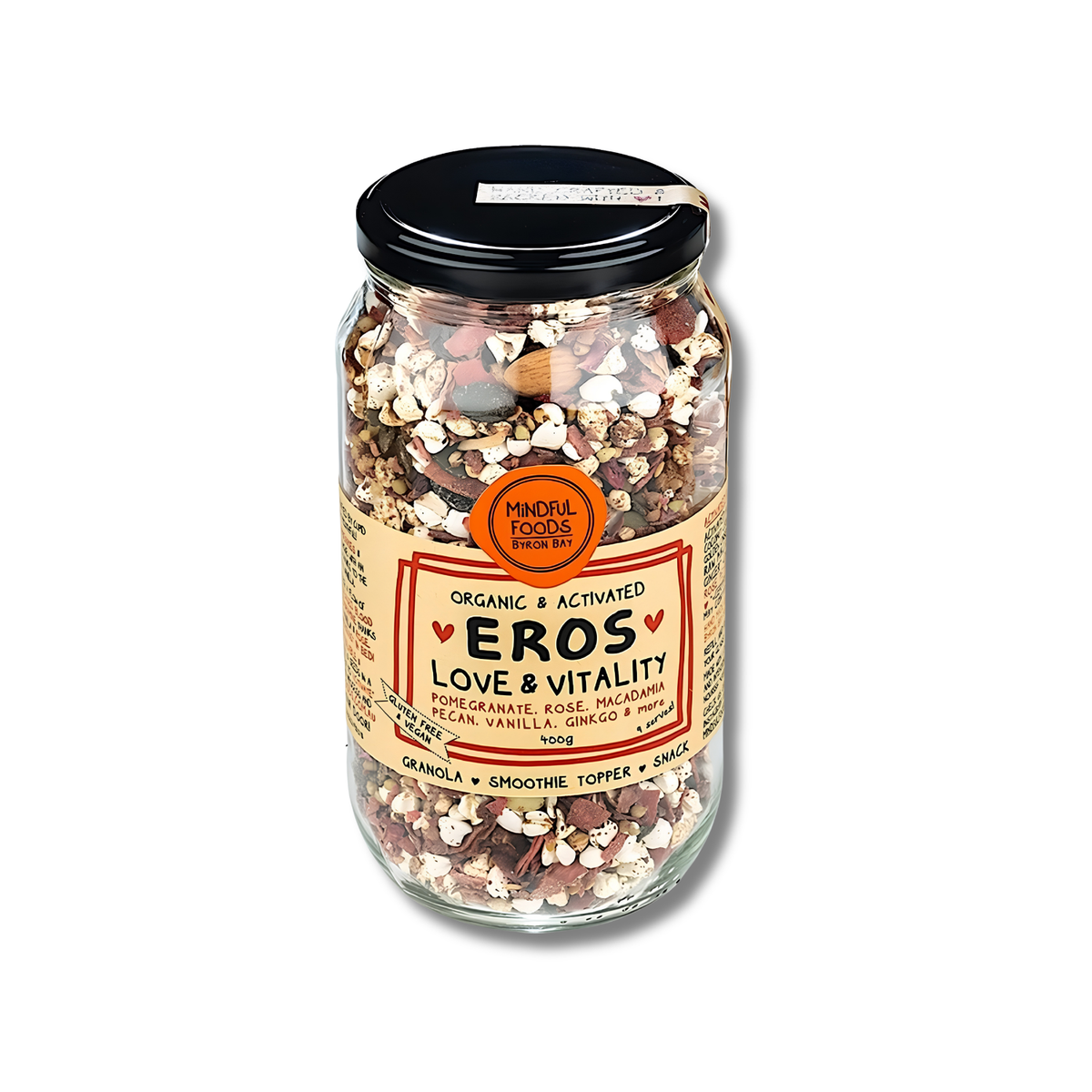 A glass jar of Eros Love & Vitality granola with a black lid and a beige label, shown on a plain white background.