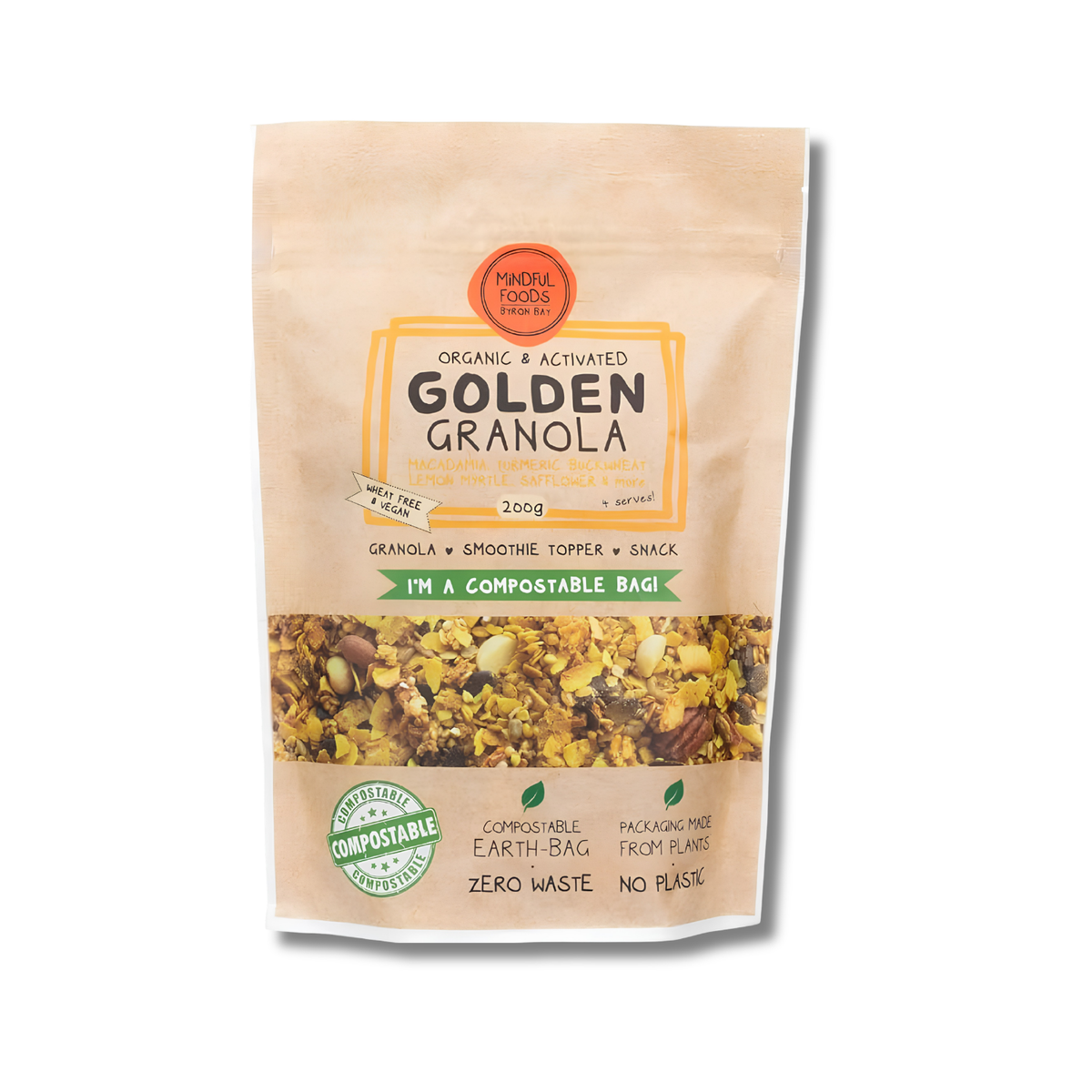 A 200g stand-up pouch of Whole Foods Market Organic & Activated Golden Granola, featuring a kraft paper design with a clear window showing the granola inside, set against a plain white background.