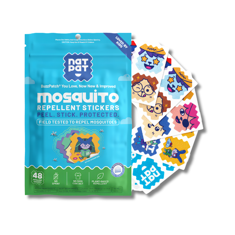 Mosquito repellent stickers with packaging featuring Nat Pat branding on a white background