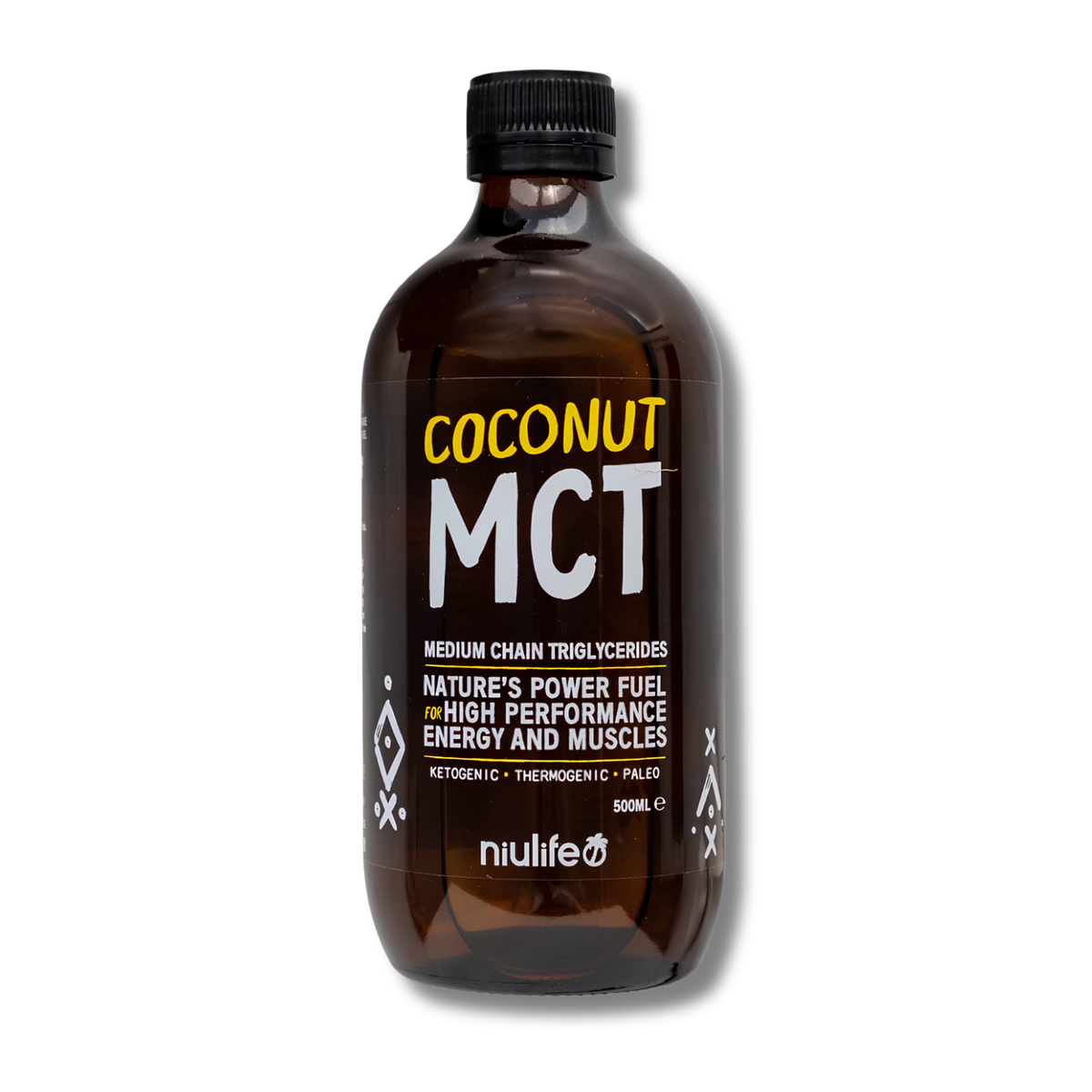 A 500ml bottle of nuliife Coconut MCT Medium Chain Triglycerides, featuring a dark amber brown bottle, black cap, and a black label with yellow and white text, set against a plain white background.
