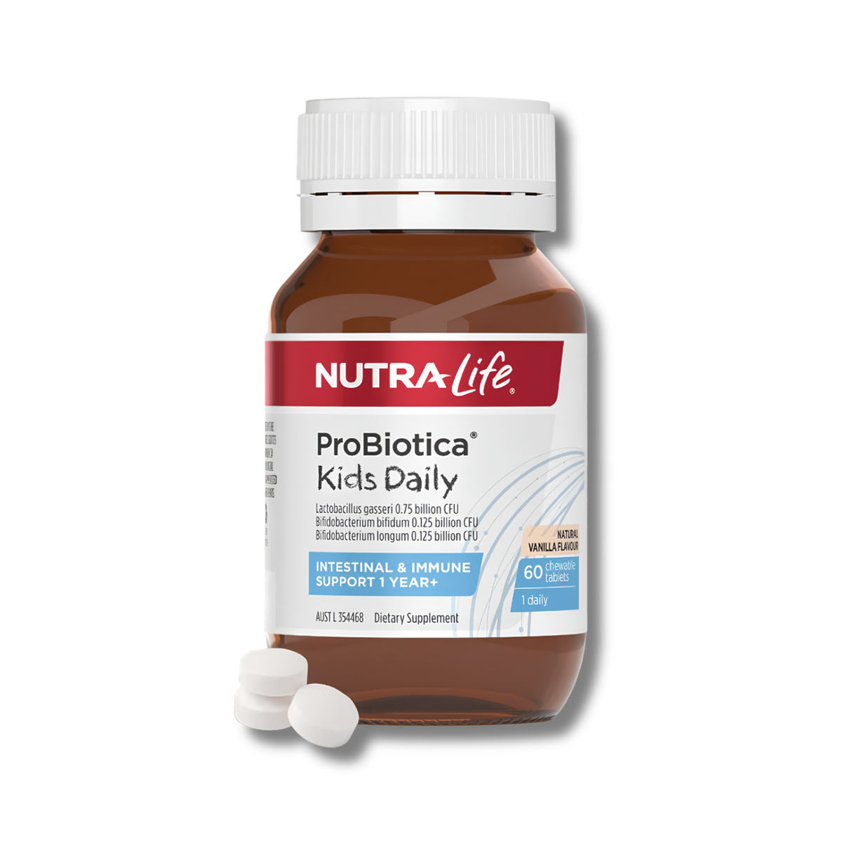A bottle of Nutra-Life ProBiotica Kids Daily dietary supplement with two white tablets in front, on a solid white background.