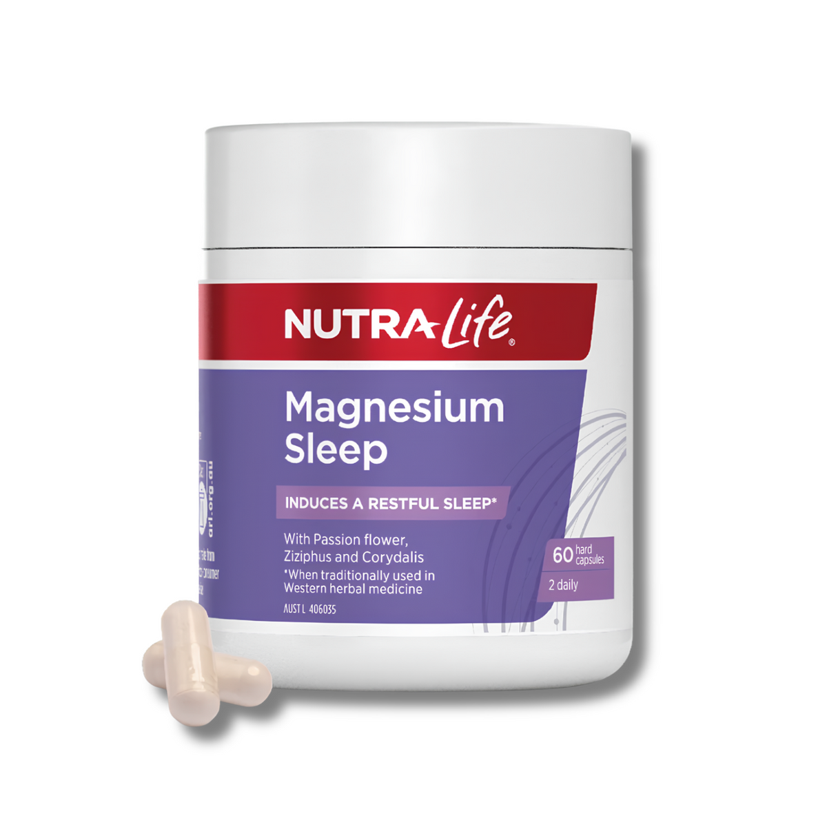 A white plastic bottle of NUTRA-Life Magnesium Sleep capsules with a red and purple label, shown on a white background with two beige capsules in front.