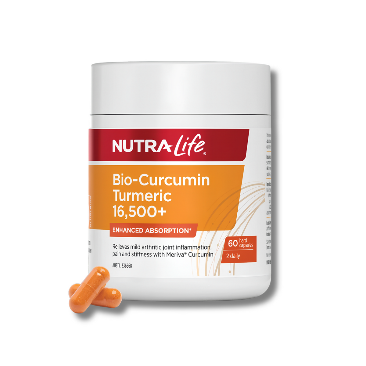 A white plastic bottle of Nutra-Life Bio-Curcumin Turmeric 16,500+ 60 capsules with orange-colored capsules resting in front, set against a solid white background.