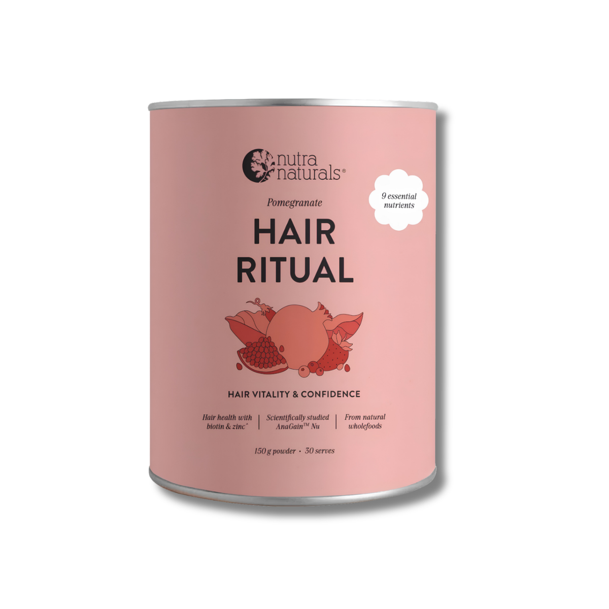 A pink cylindrical tin of Nutra Naturals Hair Ritual powder, featuring a pomegranate illustration on the front label, set against a plain white background.