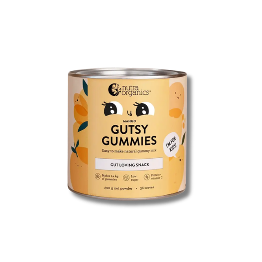 Can of Nutra Organics Gutsy Gummies on a white background