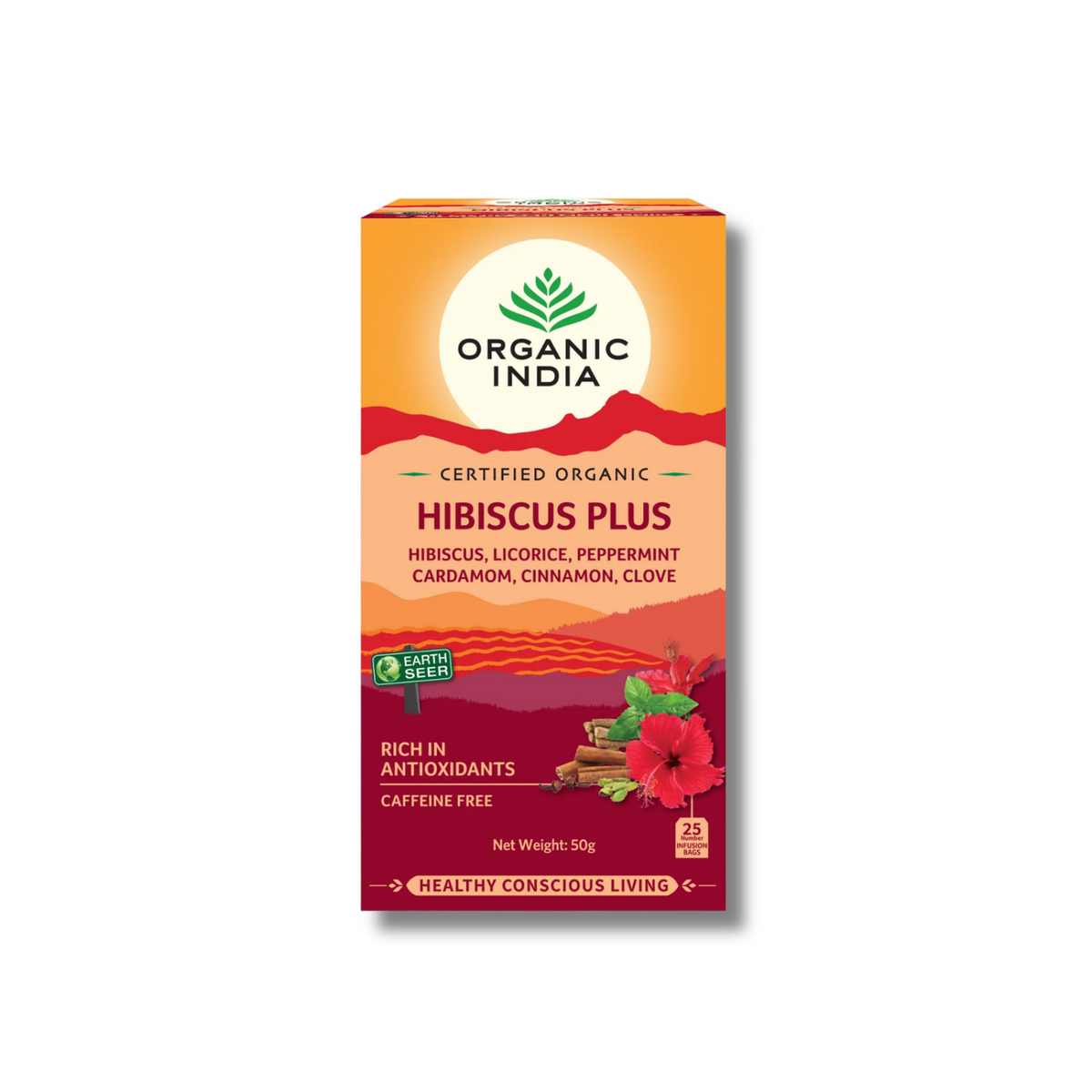 A box of Organic India Certified Organic Hibiscus Plus tea, featuring a vibrant orange and deep red packaging design with illustrations of hibiscus flowers and spices, set against a plain white background.