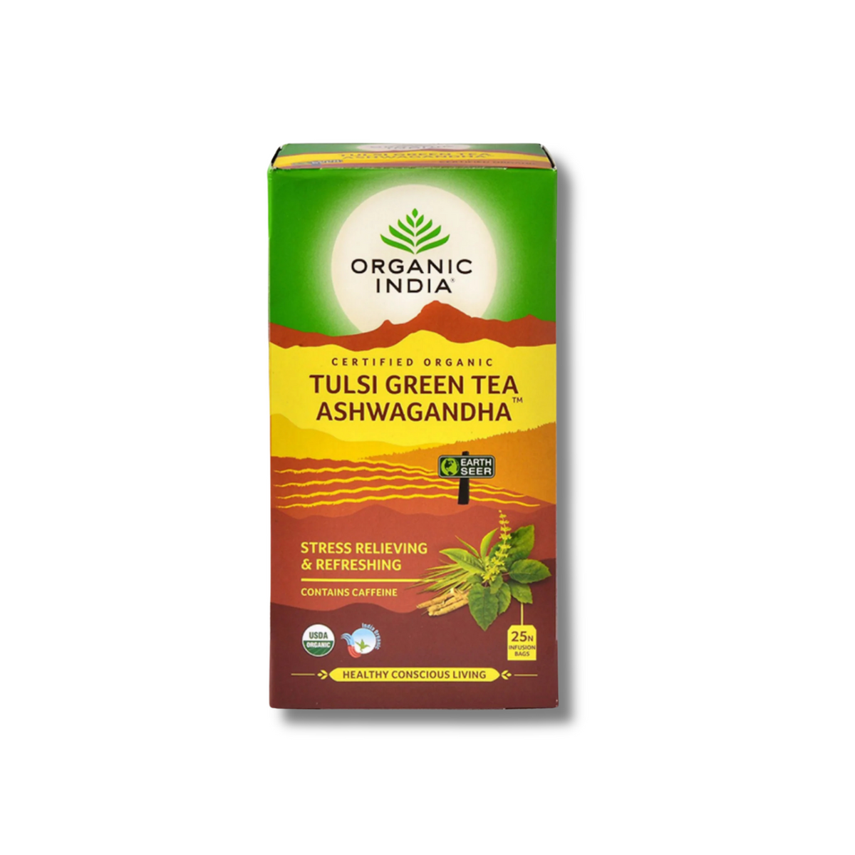 A box of Organic India Tulsi Green Tea Ashwagandha on a plain white background. The packaging features a green top section with the brand logo, a yellow middle band with the product name, and a brown bottom section with a botanical illustration.