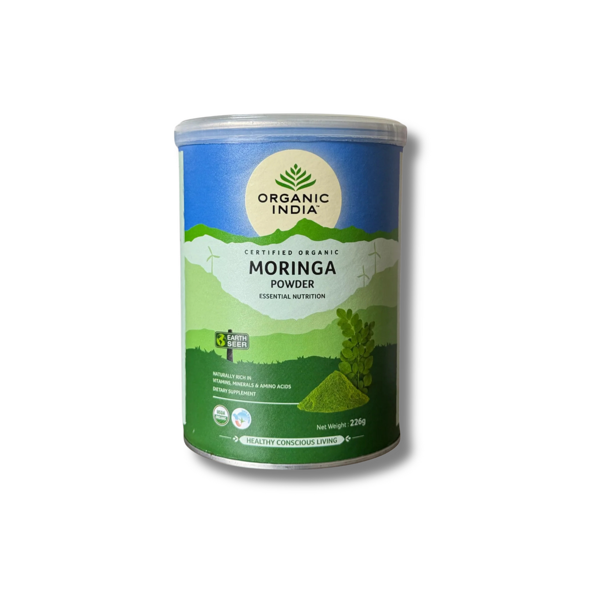 A 226g canister of Organic India Certified Organic Moringa Powder, featuring a blue and green label with a white logo, set against a plain white background.