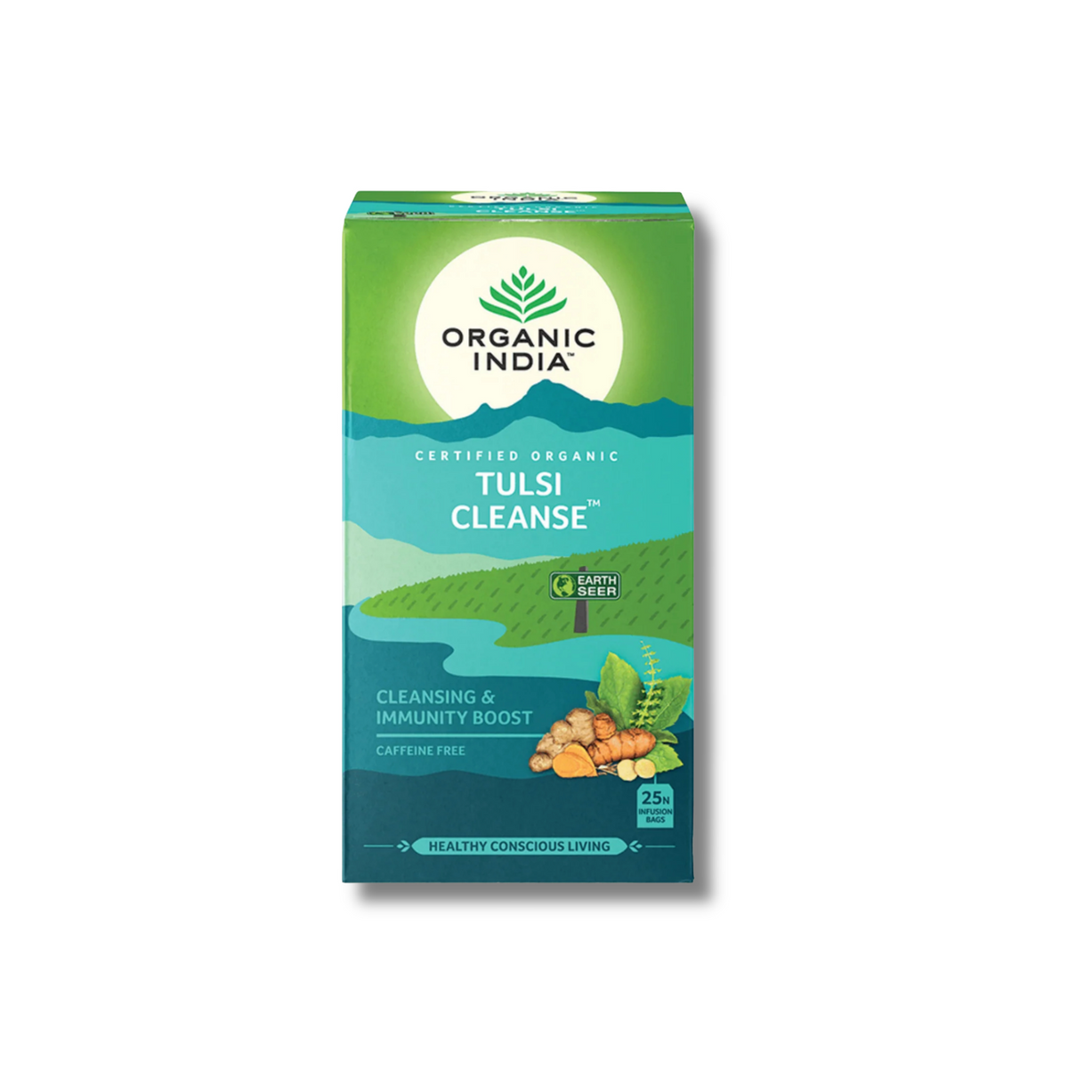 A box of Organic India Tulsi Cleanse herbal tea, featuring a green and teal design with illustrations of tulsi leaves and ginger roots, set against a plain white background.