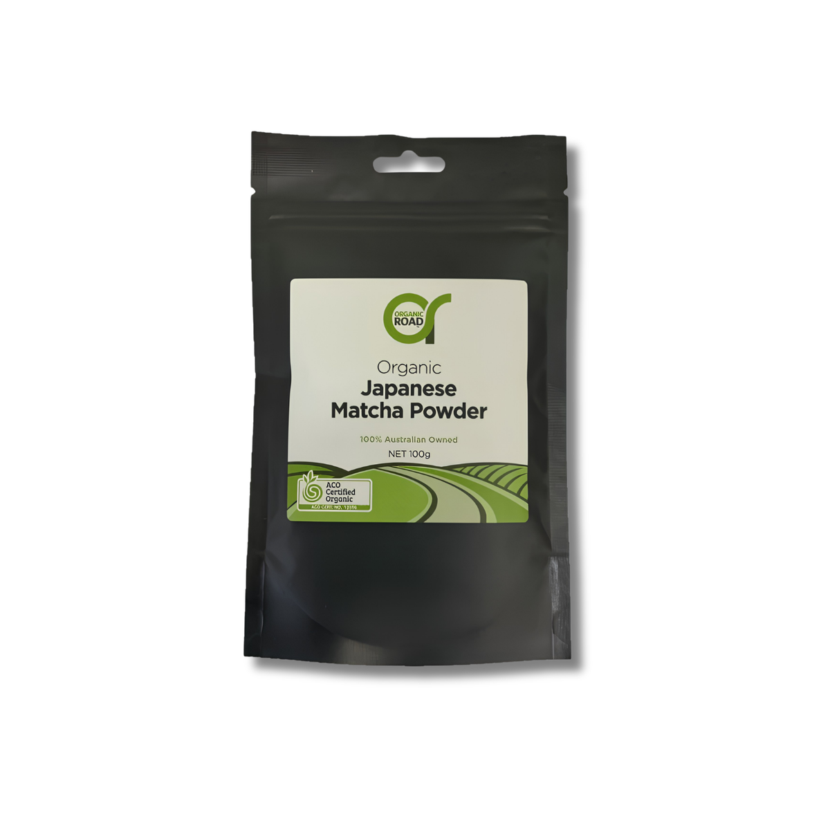 A 100g black stand-up pouch of Organic Japanese Matcha Powder, featuring a white and green label on a clean white background.