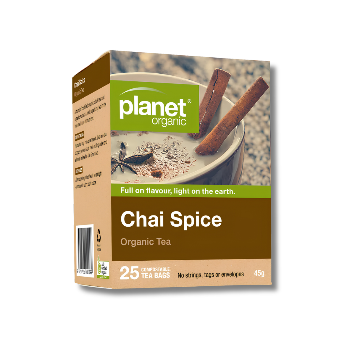 Planet Organic Chai Spice Organic Tea box, featuring a brown and beige design with a photo of tea and cinnamon sticks on the front, set against a plain white background.