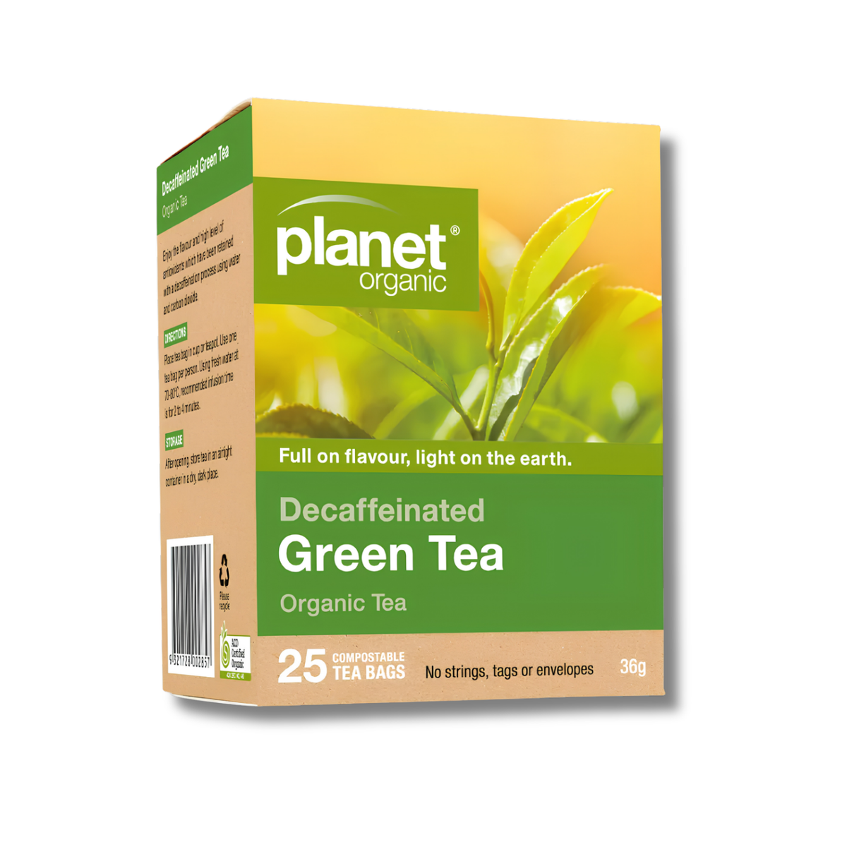 Planet Organic Decaffeinated Green Tea box, 36g, featuring a green and yellow-orange design with a leaf graphic on a white background.