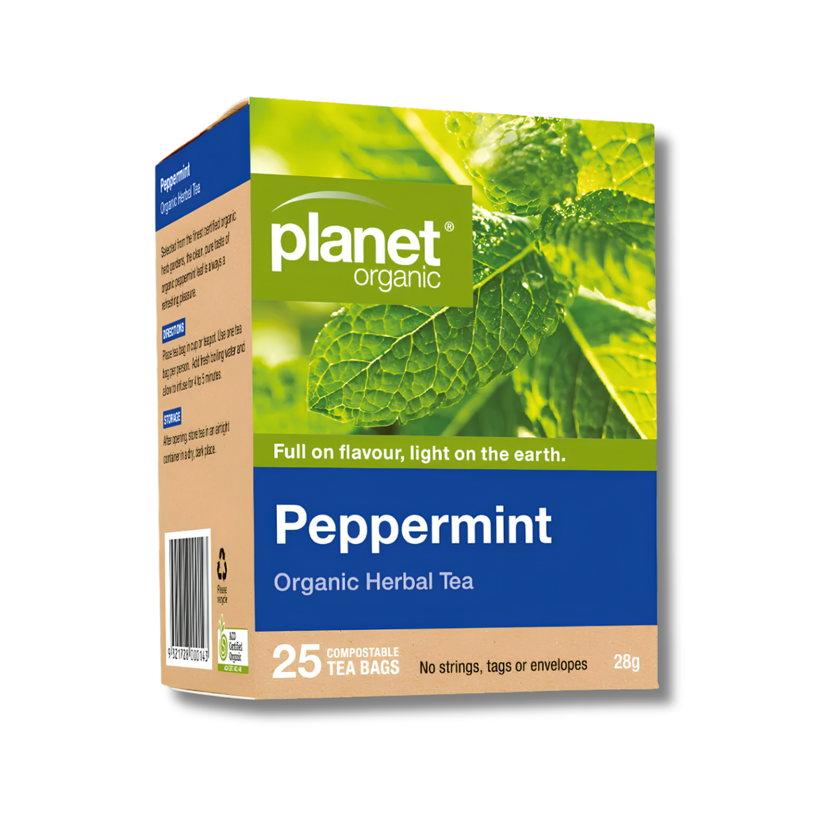 Planet Organic Peppermint Organic Herbal Tea box, 28g, featuring a green and blue design with a peppermint leaf graphic.