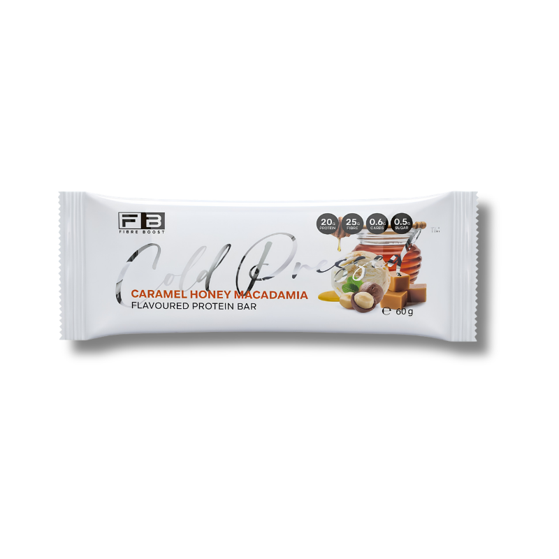 Caramel Honey Macadamia Protein Bar supports everyday nutrition as a protein and fibre packed snack bar