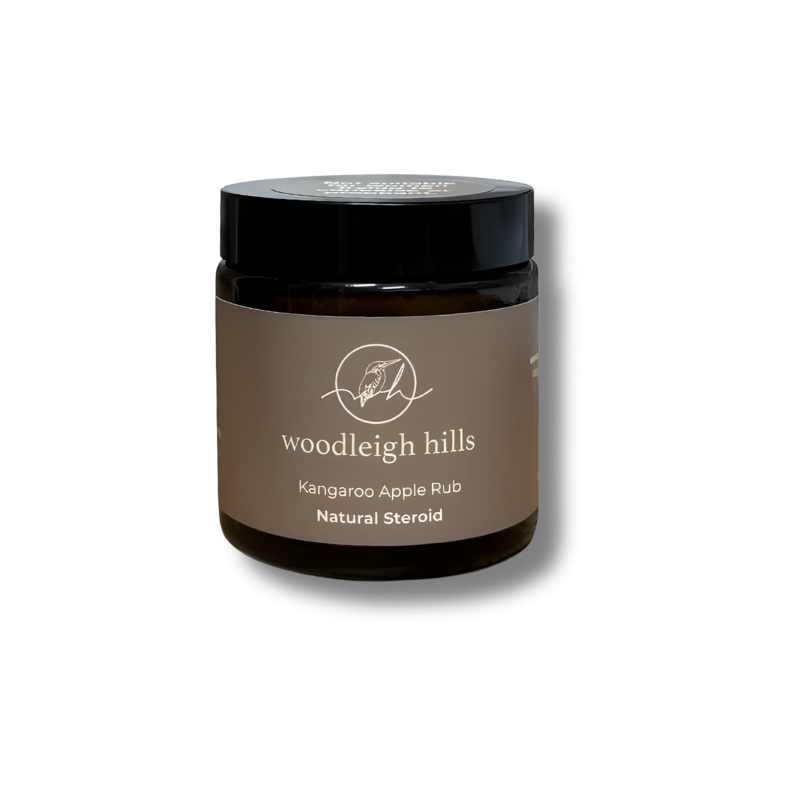 Jar of woodleigh hills Kangaroo Apple Rub on a white background