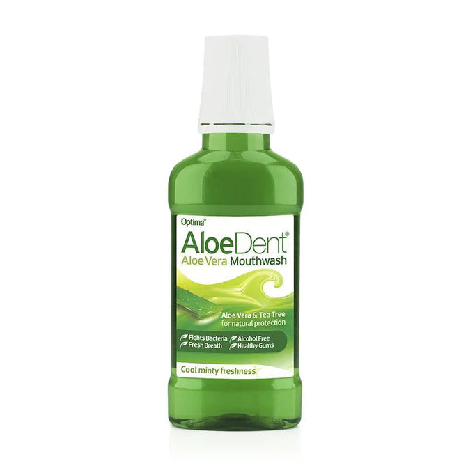Bottle of Aloe Dent mouthwash with a green label, white cap, and green liquid visible inside the bottle.