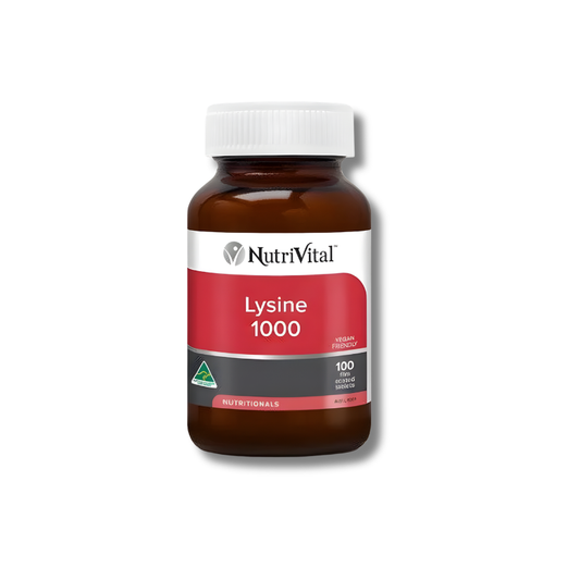 Nutrivital Lysine 1000 supplement bottle on a white background
