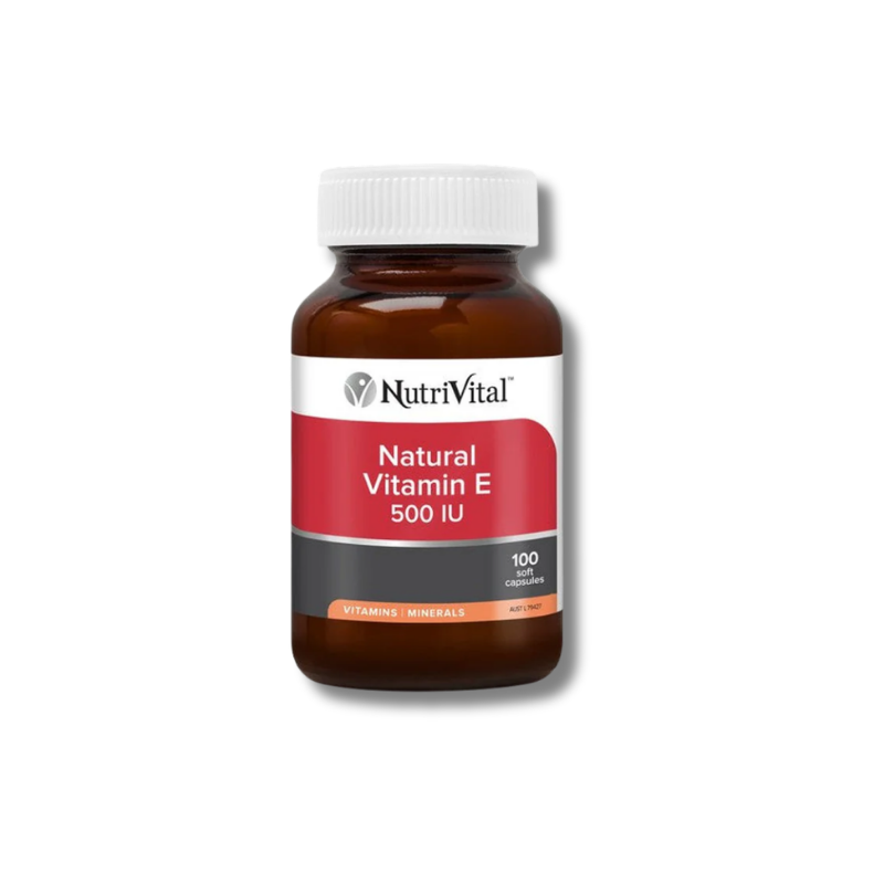 NutriVital Natural Vitamin E 500 IU supplement bottle on a white background