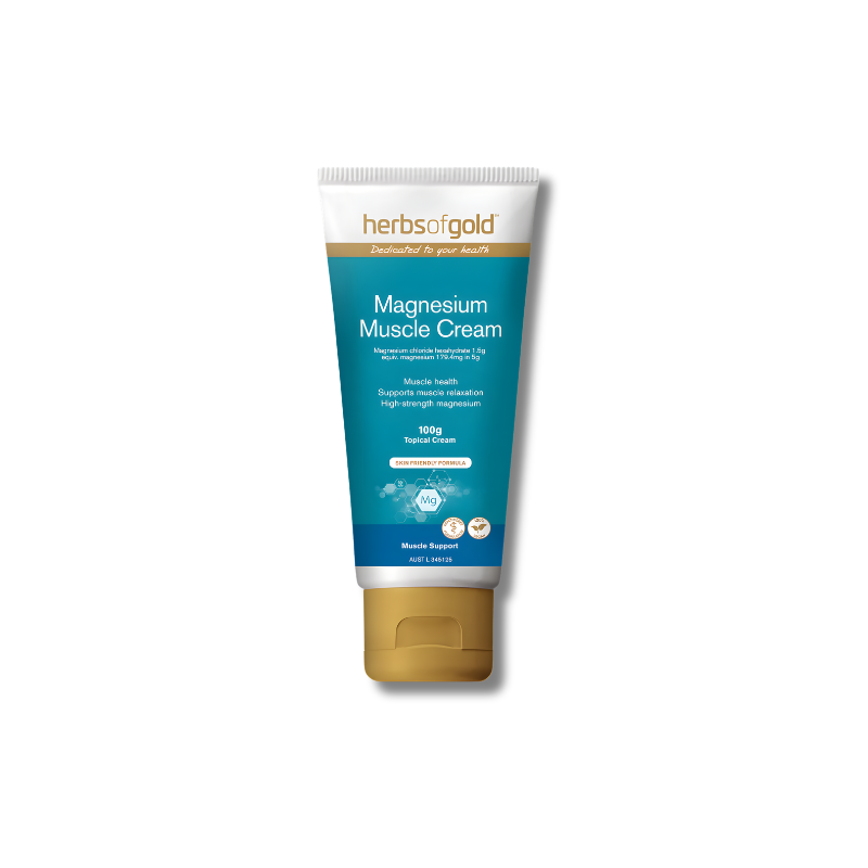 Herbs of Gold Magnesium Muscle Cream tube on a white background