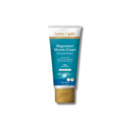Herbs of Gold Magnesium Muscle Cream tube on a white background