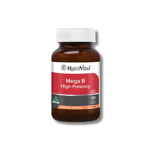 NutriVital Mega B High Potency supplement bottle on a white background