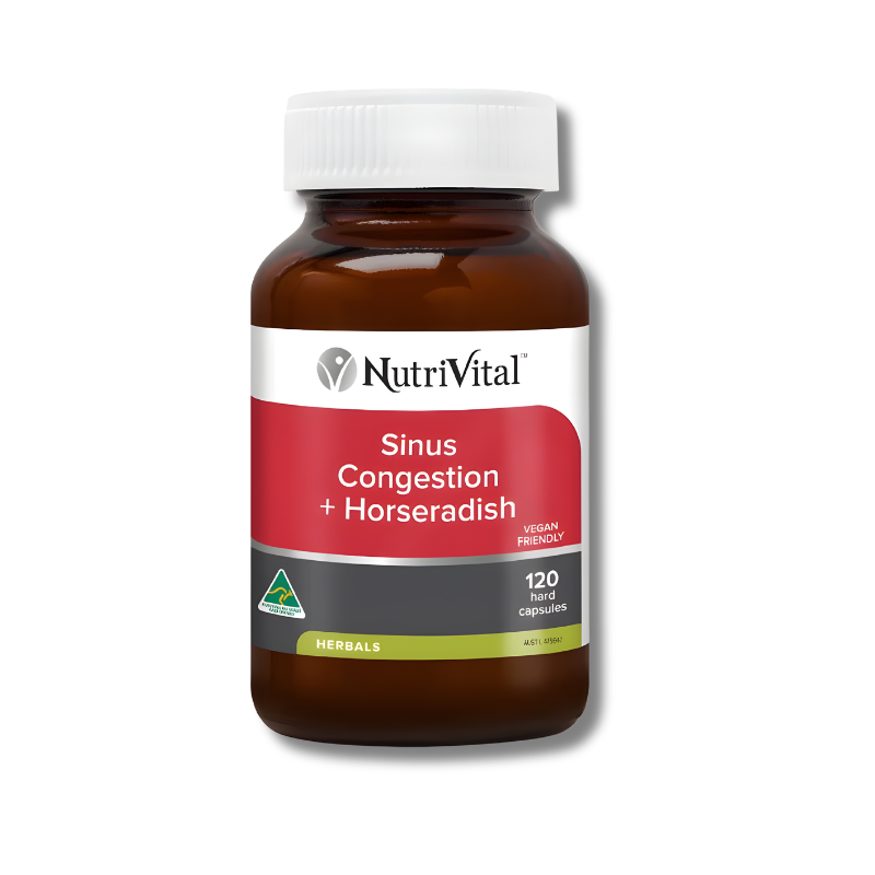 Nutrivital Sinus Congestion + Horseradish supplement bottle on a white background