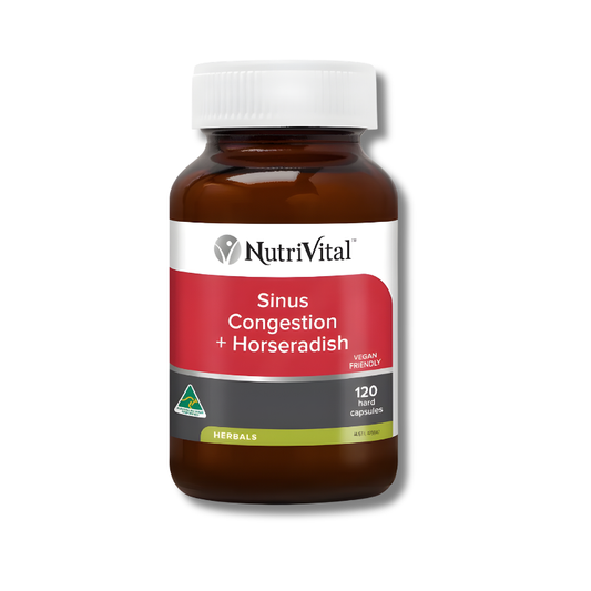 Nutrivital Sinus Congestion + Horseradish supplement bottle on a white background