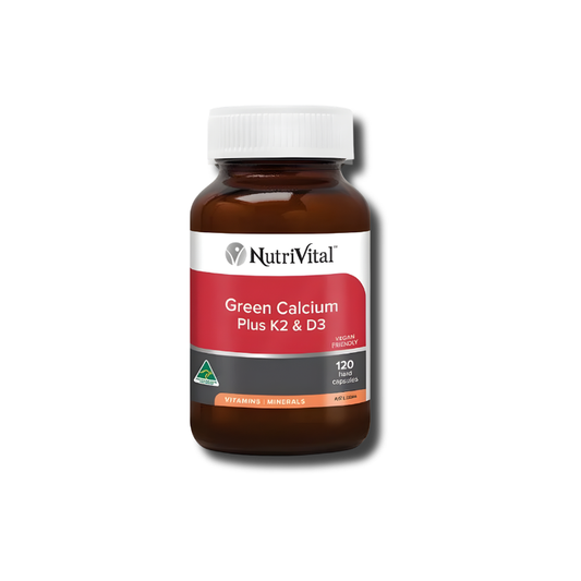 NutriVital Green Calcium Plus K2 & D3 supplement bottle on a white background