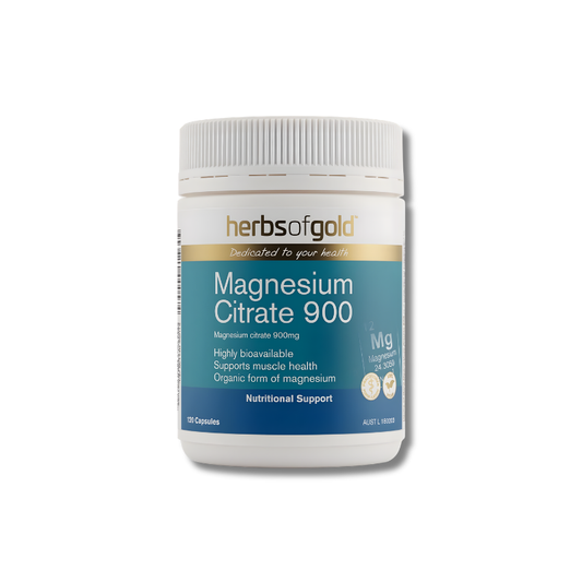 Herbs of Gold Magnesium Citrate 900 supplement container on a white background