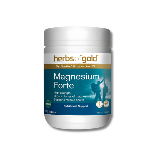 Herbs of Gold Magnesium Forte supplement container on a white background