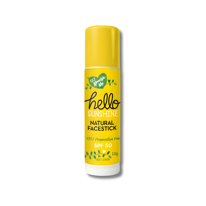 123 Nourish Me Hello Sunshine Face Stick SPF 50 – natural, broad-spectrum zinc sunscreen for easy on-the-go sun protection.