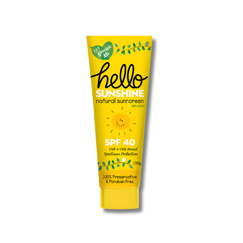 123 Nourish Me Hello Sunshine Natural Sunscreen SPF 40 – broad-spectrum, preservative-free sunscreen for safe daily protection.