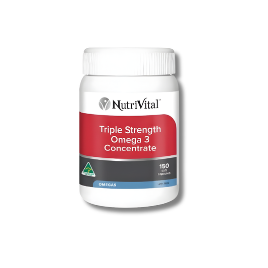 NutriVital Triple Strength Omega 3 Concentrate supplement bottle on a white background