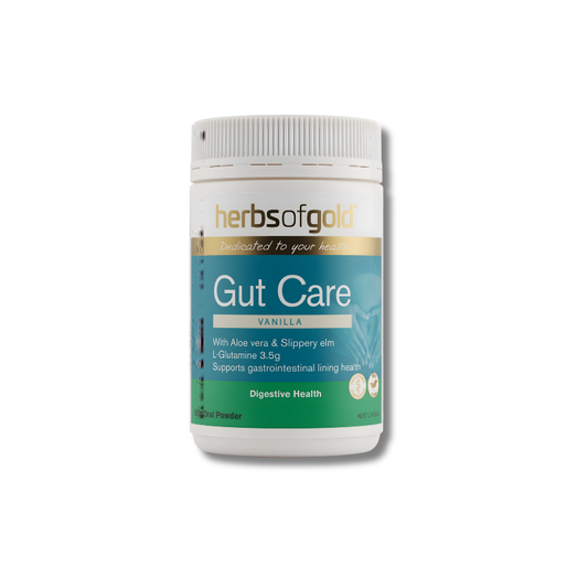 Herbs of Gold Gut Care Vanilla supplement container on a white background