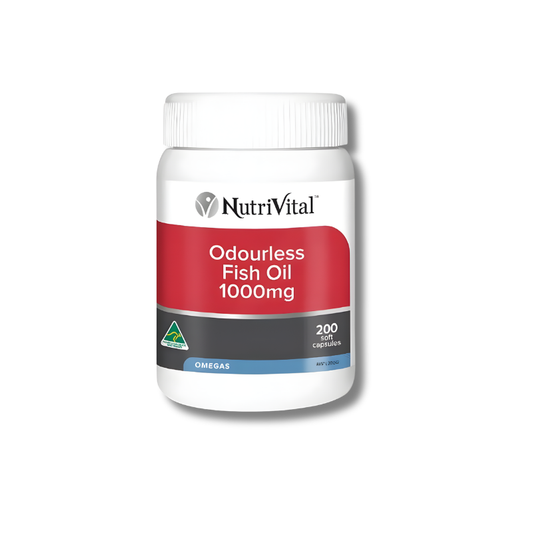 NutriVital Odourless Fish Oil 1000mg supplement bottle on a white background