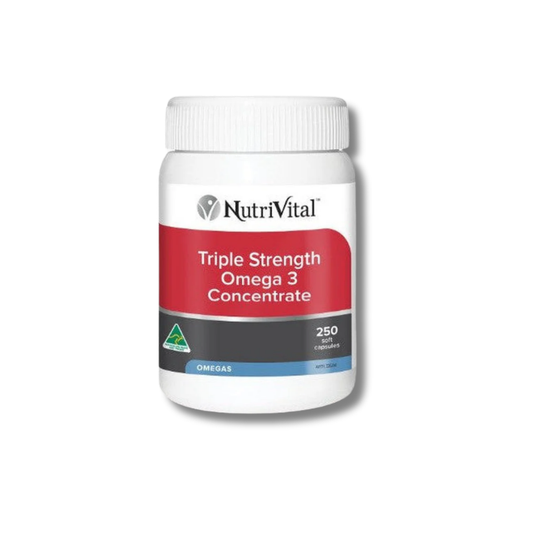 NutriVital Triple Strength Omega 3 Concentrate supplement bottle on a white background