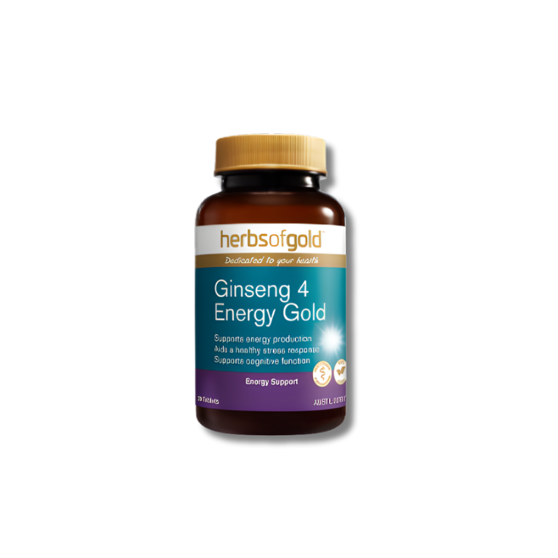 Herbs of Gold Ginseng 4 Energy Gold supplement bottle on a white background