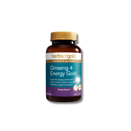 Herbs of Gold Ginseng 4 Energy Gold supplement bottle on a white background