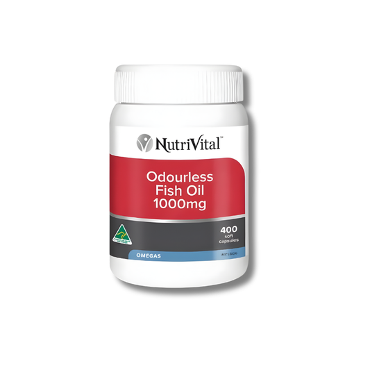 NutriVital Odourless Fish Oil 1000mg supplement bottle on a white background