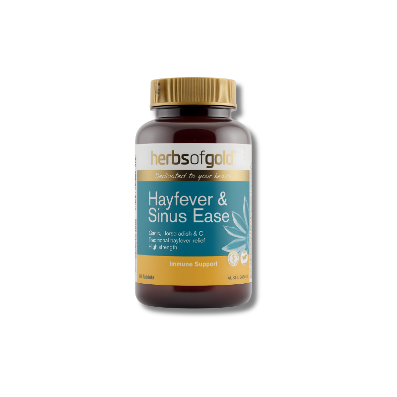 Herbs of Gold Hayfever & Sinus Ease supplement bottle on a white background