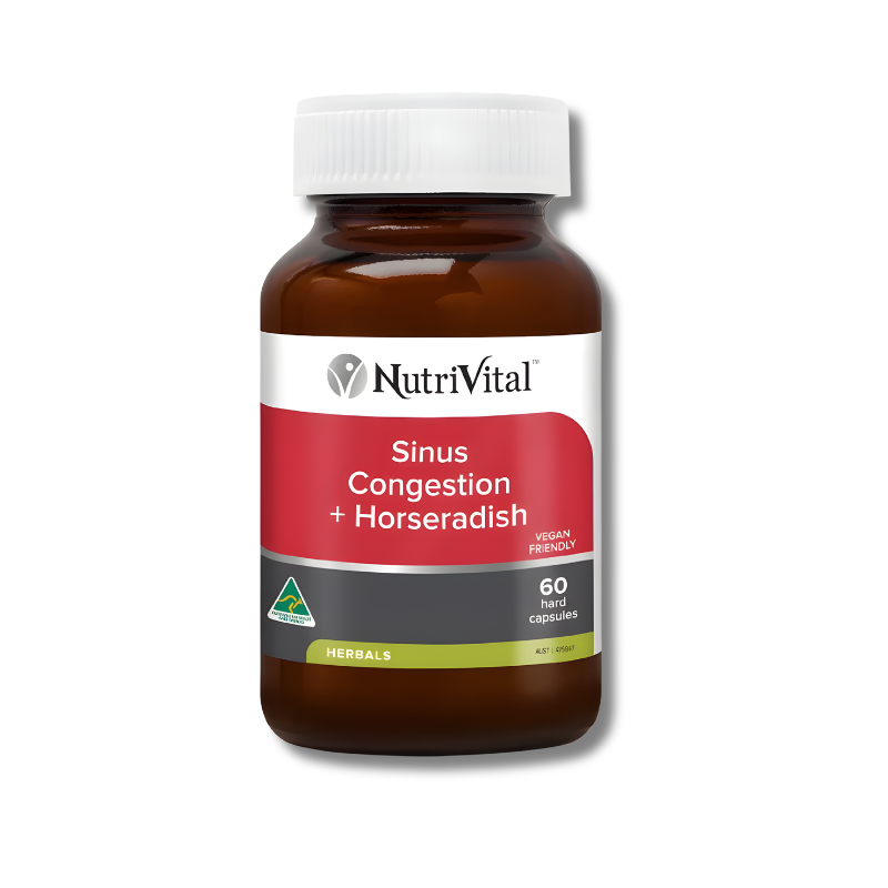 NutriVital Sinus Congestion + Horseradish supplement bottle on a white background