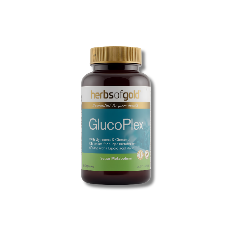 Herbs of Gold GlucoPlex supplement bottle on a white background