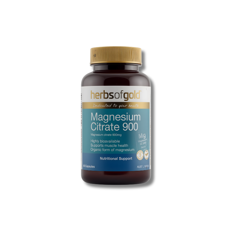 Herbs of Gold Magnesium Citrate 900 supplement bottle on a white background