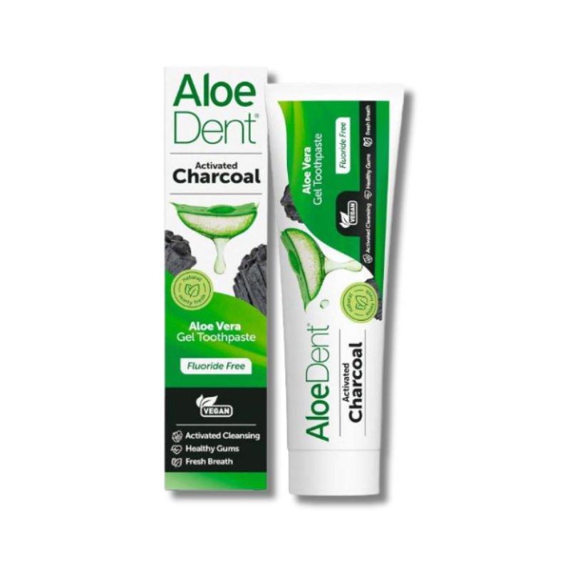 Aloe Dent Activated Charcoal toothpaste packaging on a white background