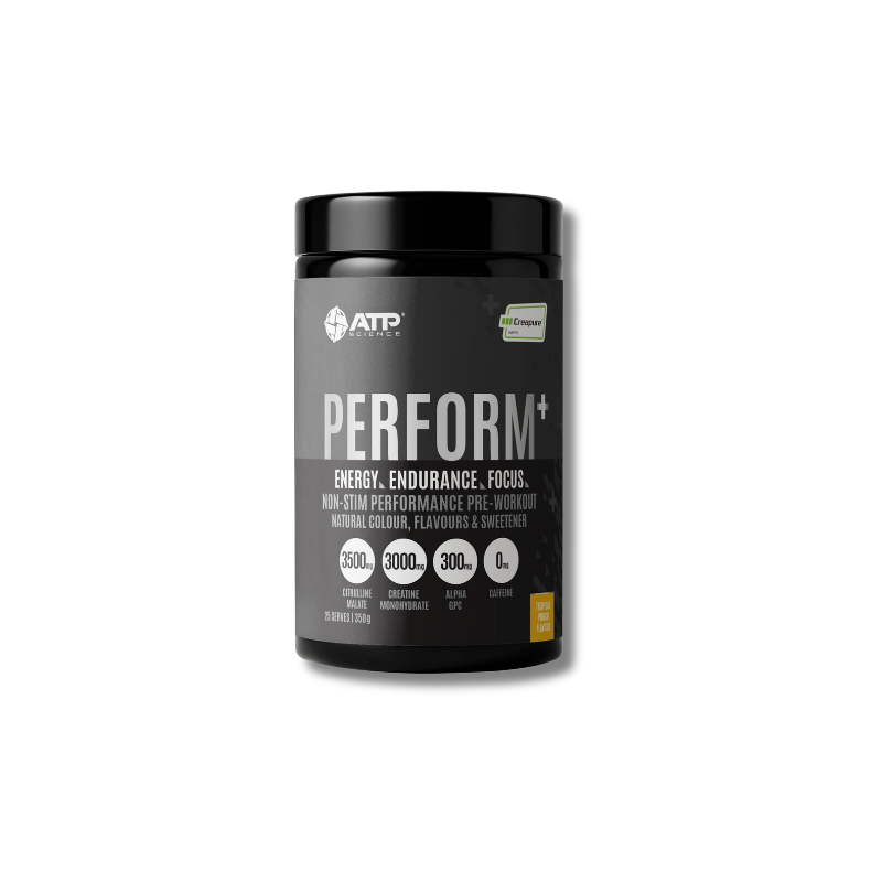 Black supplement container labeled 'ATP Perform+' on a white background