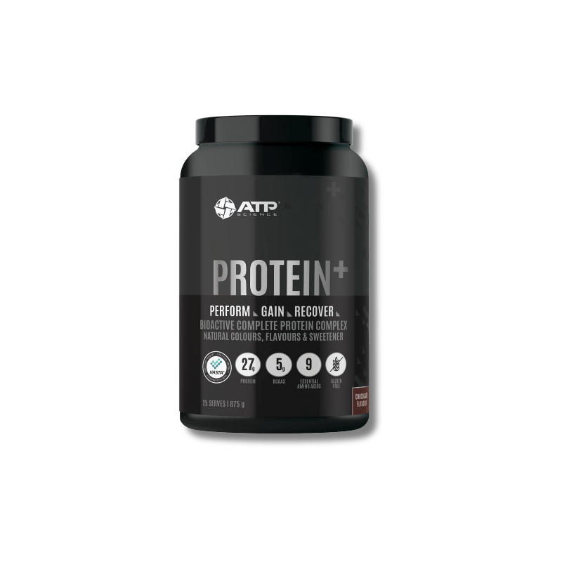 Black protein supplement container with ATP branding on a white background