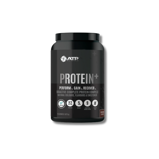 Black protein supplement container with ATP branding on a white background